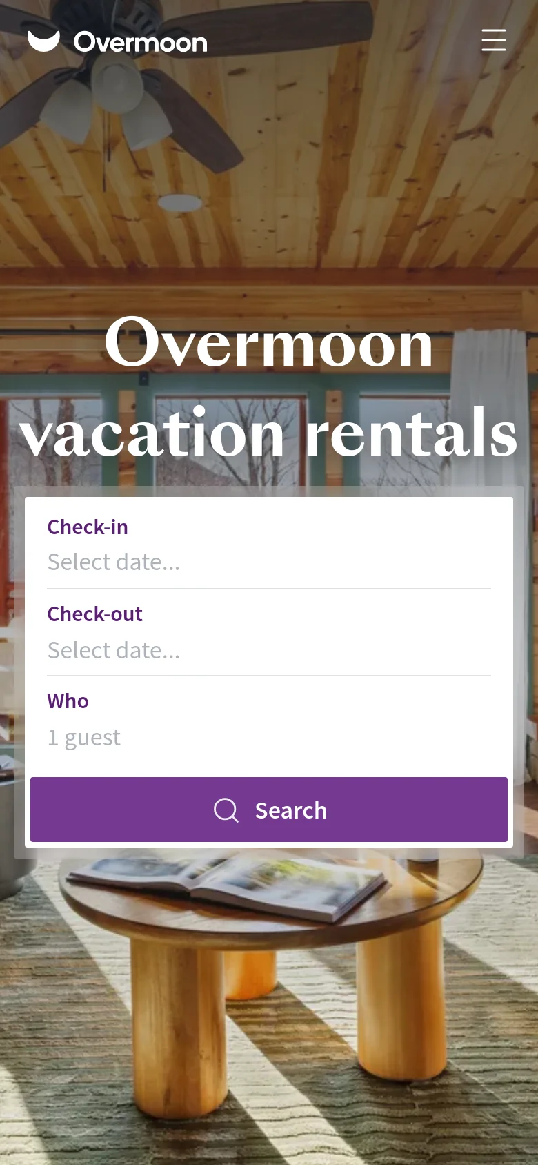 The mobile version displays a vertically stacked layout with the Overmoon logo and a hamburger menu icon at the top. The hero section features the headline 'Overmoon vacation rentals' over a living room background, followed by a simplified, full-width booking widget with 'Check-in', 'Check-out', and 'Who' fields and a large purple 'Search' button.