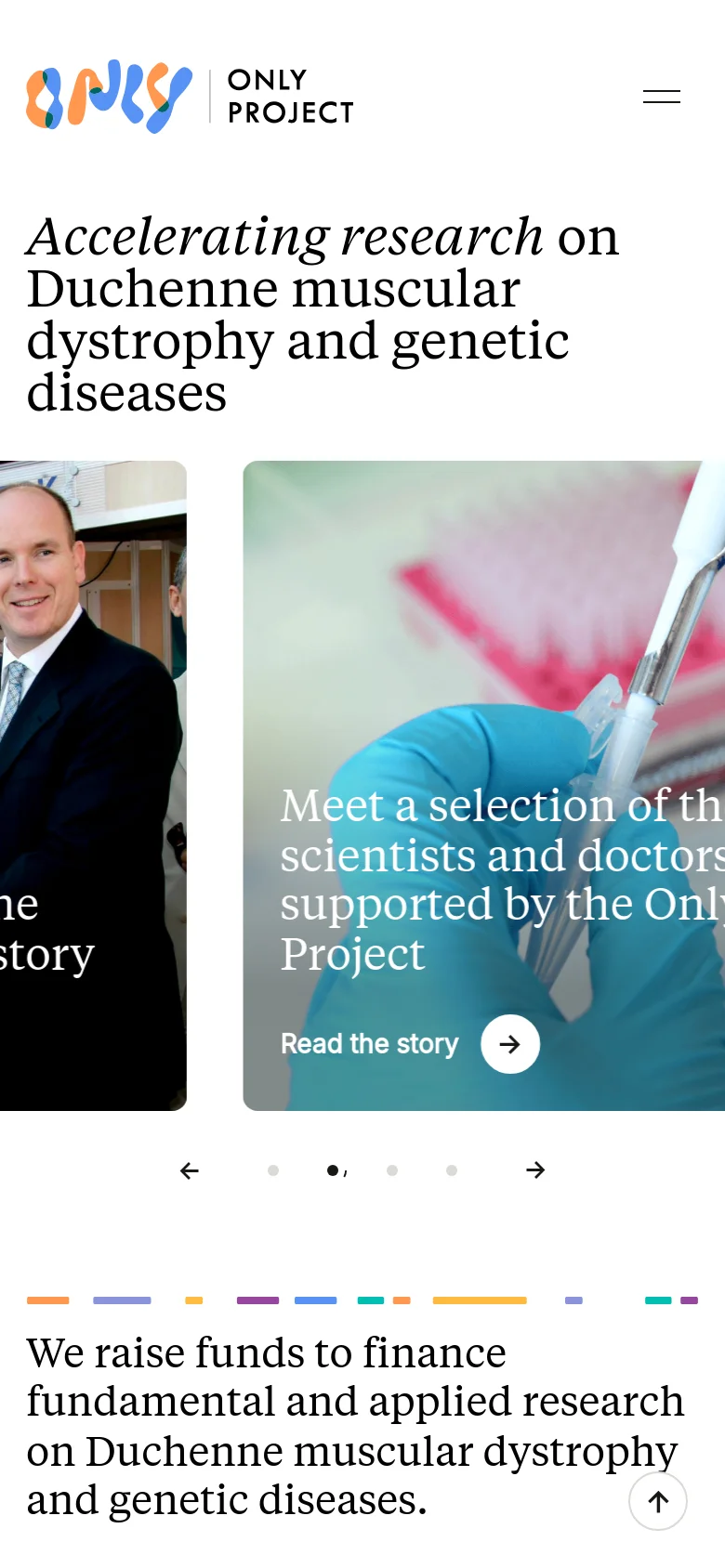The mobile version presents a simplified vertical layout with a hamburger menu icon in the top right. The large serif headline is stacked vertically, followed by a cropped version of the laboratory hero image. A carousel indicator with dots and arrows is visible below the image, and a 'back to top' arrow button appears at the bottom right.