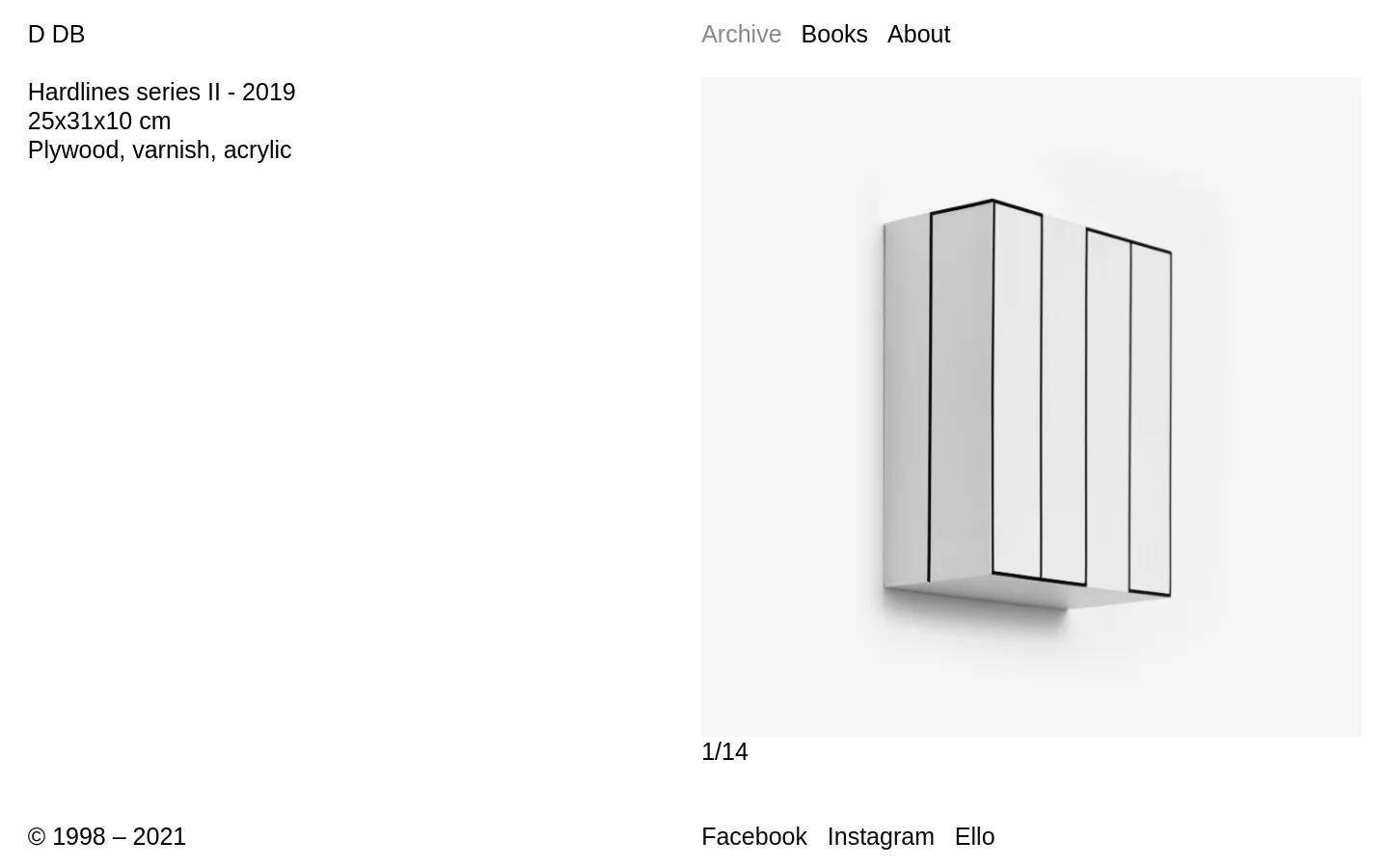 The desktop homepage features a minimalist white layout with a top navigation menu containing 'Archive', 'Books', and 'About'. The main content area displays a large, high-quality image of a white geometric sculpture titled 'Hardlines series II - 2019' alongside its dimensions and materials, with a pagination indicator '1/14' below the image.