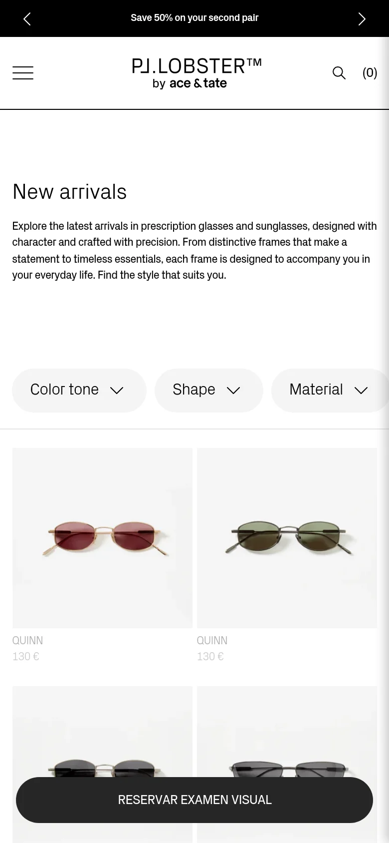 The mobile version simplifies the layout into a single-column view with a hamburger menu and a search icon in the header. The 'New arrivals' heading and description are prominently displayed above a vertical stack of large product images. A prominent dark button at the bottom reads 'RESERVAR EXAMEN VISUAL'.