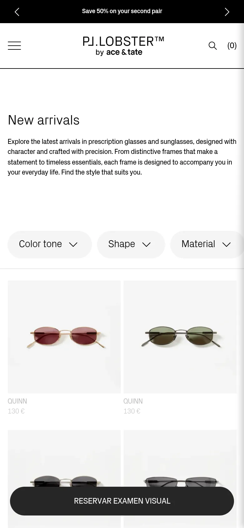 The mobile version simplifies the layout into a single-column view with a hamburger menu and a search icon in the header. The 'New arrivals' heading and description are prominently displayed above a vertical stack of large product images. A prominent dark button at the bottom reads 'RESERVAR EXAMEN VISUAL'.