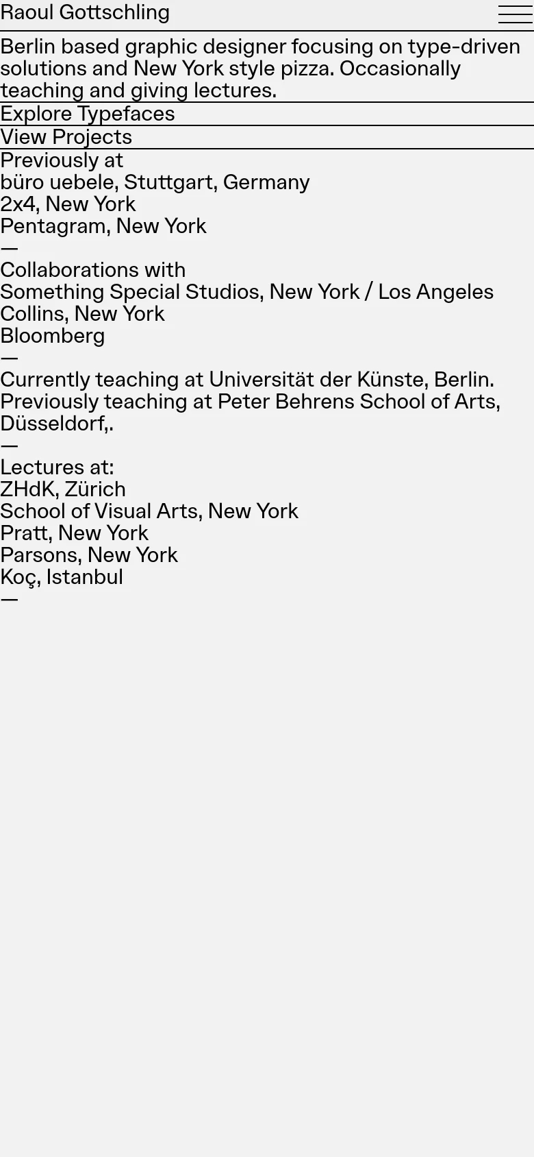 The mobile version uses a single-column layout with a simplified header and a hamburger menu icon. The text is stacked vertically, beginning with the introduction and call-to-action links, followed by the animated GIF previews and the detailed professional biography section.