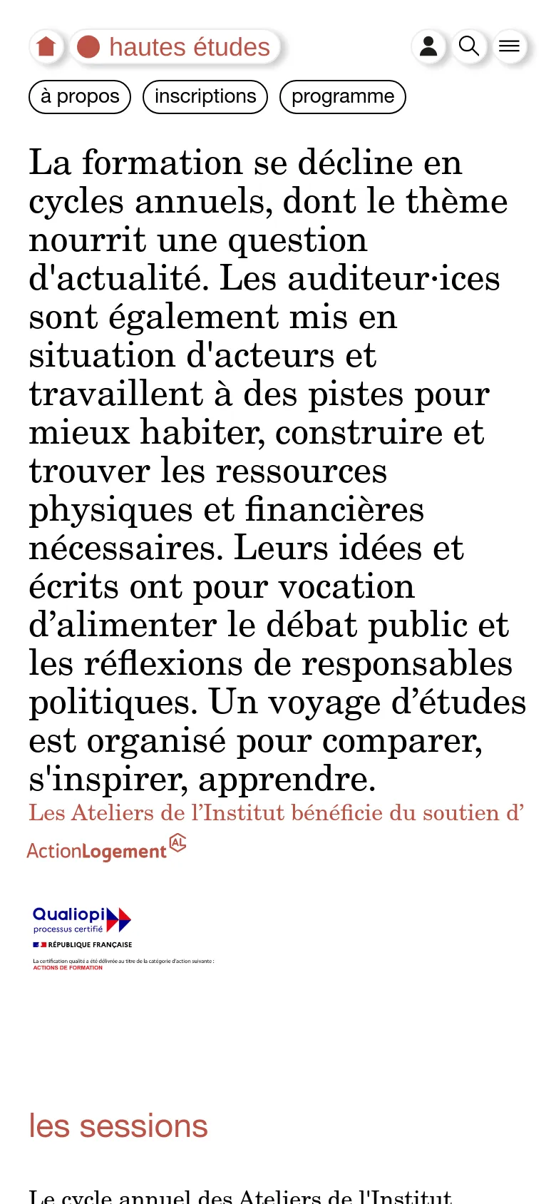 The mobile version presents a single-column vertical layout optimized for scrolling. The large introductory text remains prominent at the top, followed by the Qualiopi logo and stacked sections for 'les sessions', 'le voyage d'études', and 'les ateliers' instead of side-by-side columns.