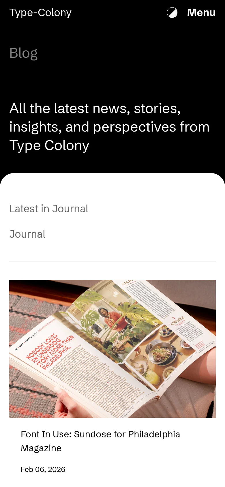 The mobile version simplifies the layout into a single-column vertical stack. The black header section remains at the top with a condensed 'Menu' button, followed by the blog description. The blog posts are displayed one after another in a large, full-width format, prioritizing the imagery and headlines for easy scrolling on a small screen.