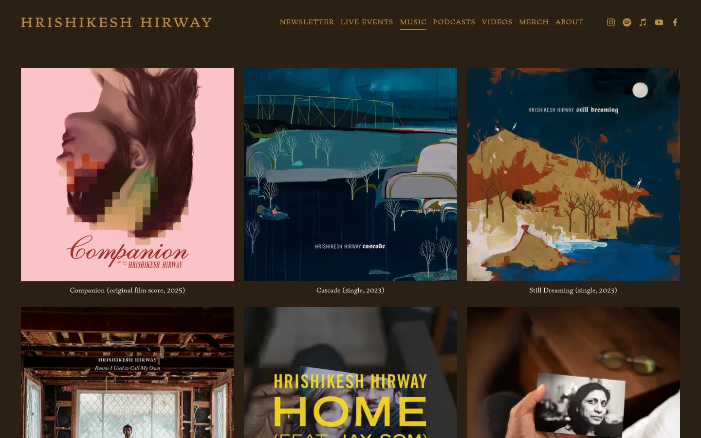 The Music page features a dark background with a grid of album cover art images. Each image is paired with a text caption below it, such as 'Companion (original film score, 2025)' and 'Cascade (single, 2023)'. A navigation menu at the top includes links for Newsletter, Live Events, Music, Podcasts, Videos, Merch, and About.