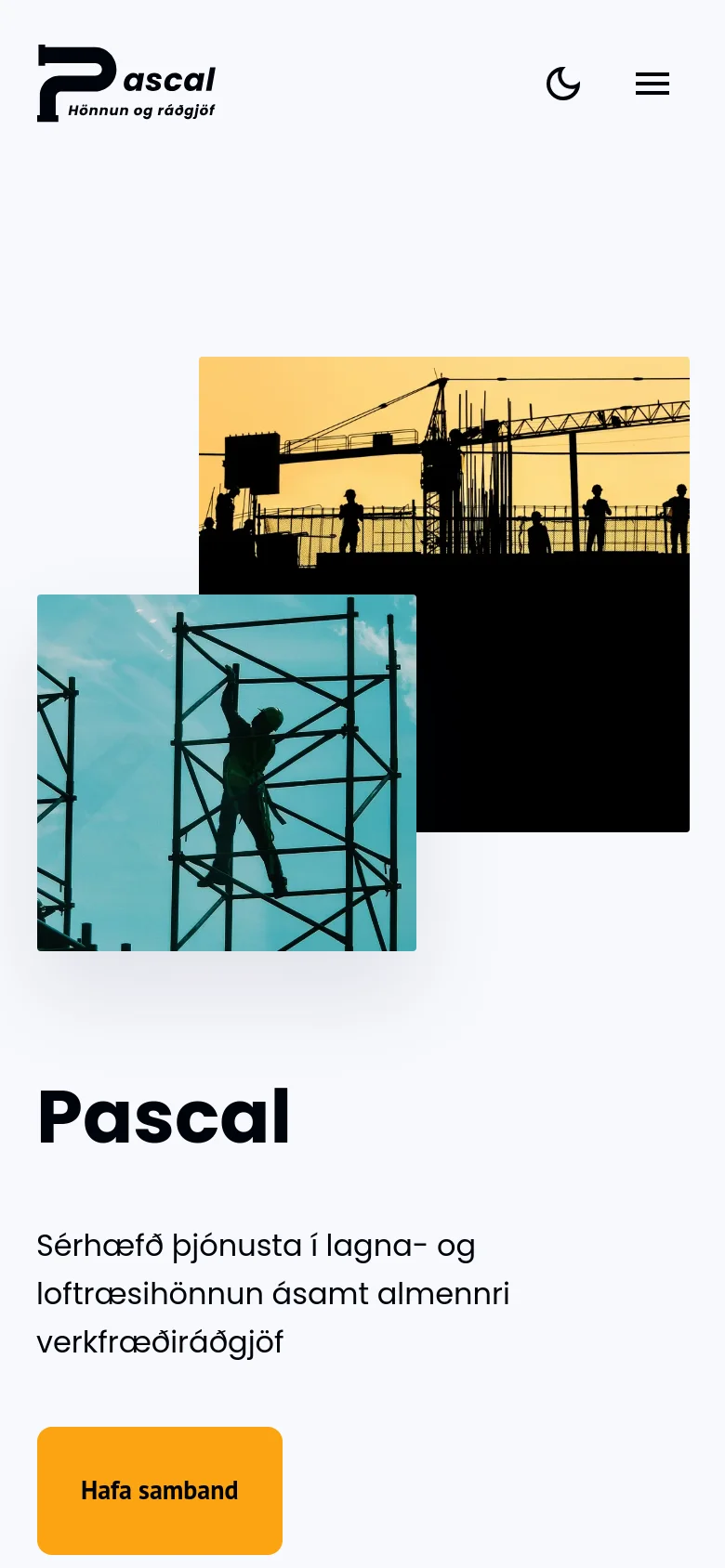 The mobile version maintains the white background and minimalist aesthetic but uses a hamburger menu icon and a moon icon for theme switching in the header. The layout is vertically stacked, placing the large 'Pascal' headline and orange call-to-action button below the construction imagery, which spans the width of the screen.