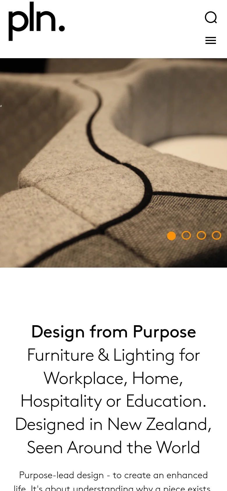 The mobile version presents a simplified layout with the PLN logo and a hamburger menu icon at the top. The hero image of textured grey furniture remains prominent, but the navigation links are tucked into the menu. The main headline 'Design from Purpose' follows the image, stacked vertically for easier scrolling on a narrow screen.