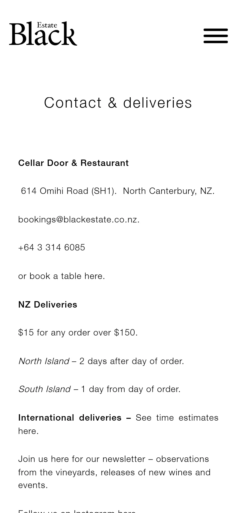The mobile version displays a simplified layout with the Black Estate logo centered at the top and a hamburger menu icon on the right. The 'Contact & deliveries' heading is large and centered, followed by contact information and delivery details arranged in a single vertical column for easy scrolling.