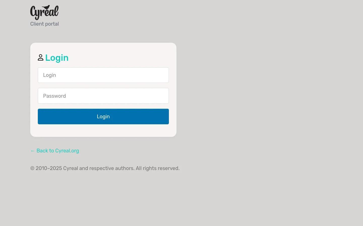 The Cyreal Client Portal login page features a light gray background with a centered white login card. The card contains a user icon, a teal 'Login' heading, input fields for 'Login' and 'Password', and a large blue 'Login' button. A 'Back to Cyreal.org' link and copyright information are positioned below the card.