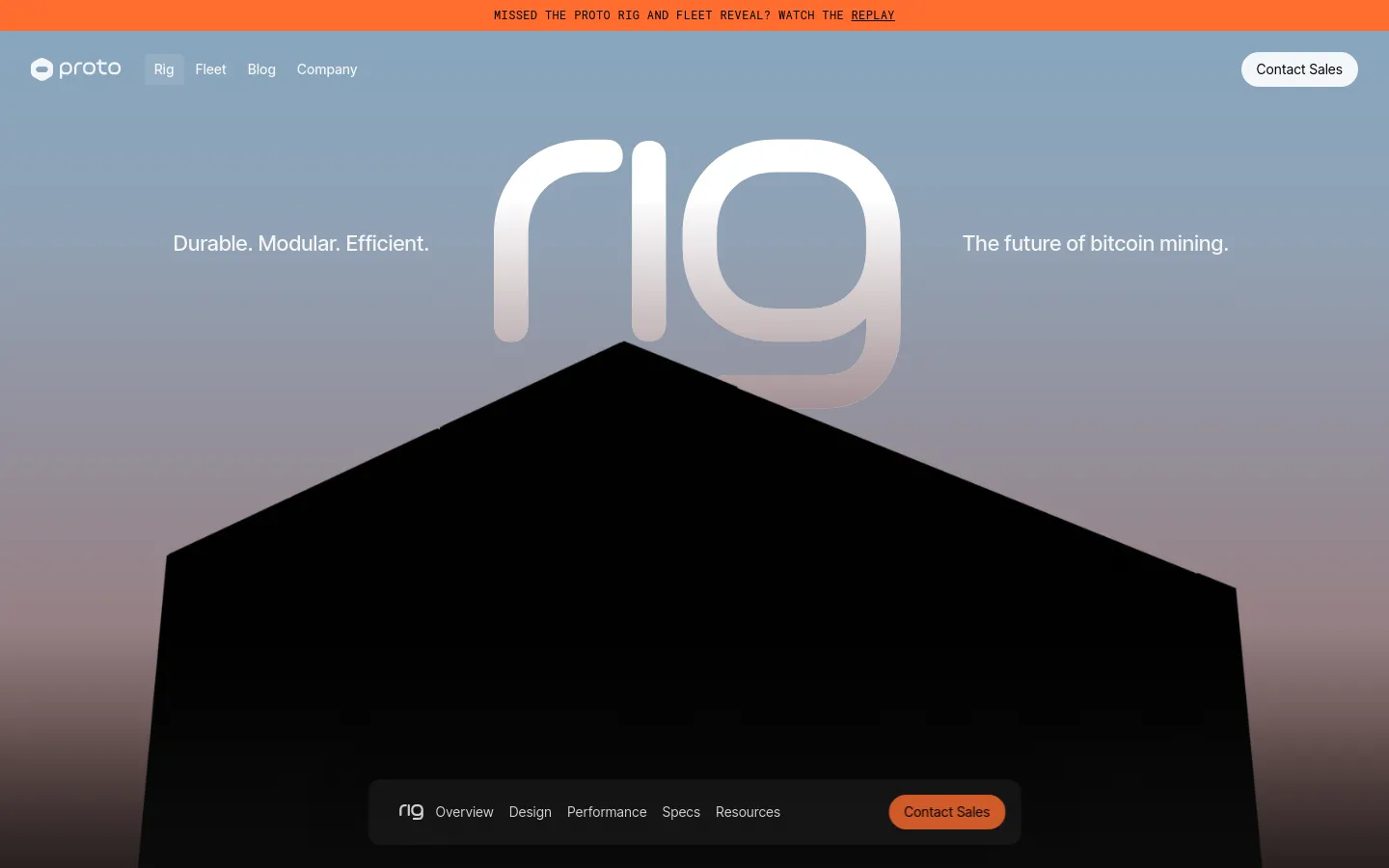 The desktop landing page features a minimalist design with a blue-to-grey gradient background and a large, stylized white 'rig' logo. Headlines read 'Durable. Modular. Efficient.' and 'The future of bitcoin mining.' A dark, geometric silhouette sits at the bottom, above a floating navigation bar with links for Overview, Design, Performance, Specs, and Resources, alongside a 'Contact Sales' button.