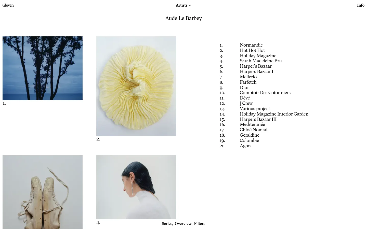 The desktop page for photographer Aude Le Barbey features a minimalist white layout with a large heading at the top. A grid of large, high-quality photographic images is arranged on the left, while a numbered list of project titles, such as Normandie and Hot Hot Hot, is aligned on the right.