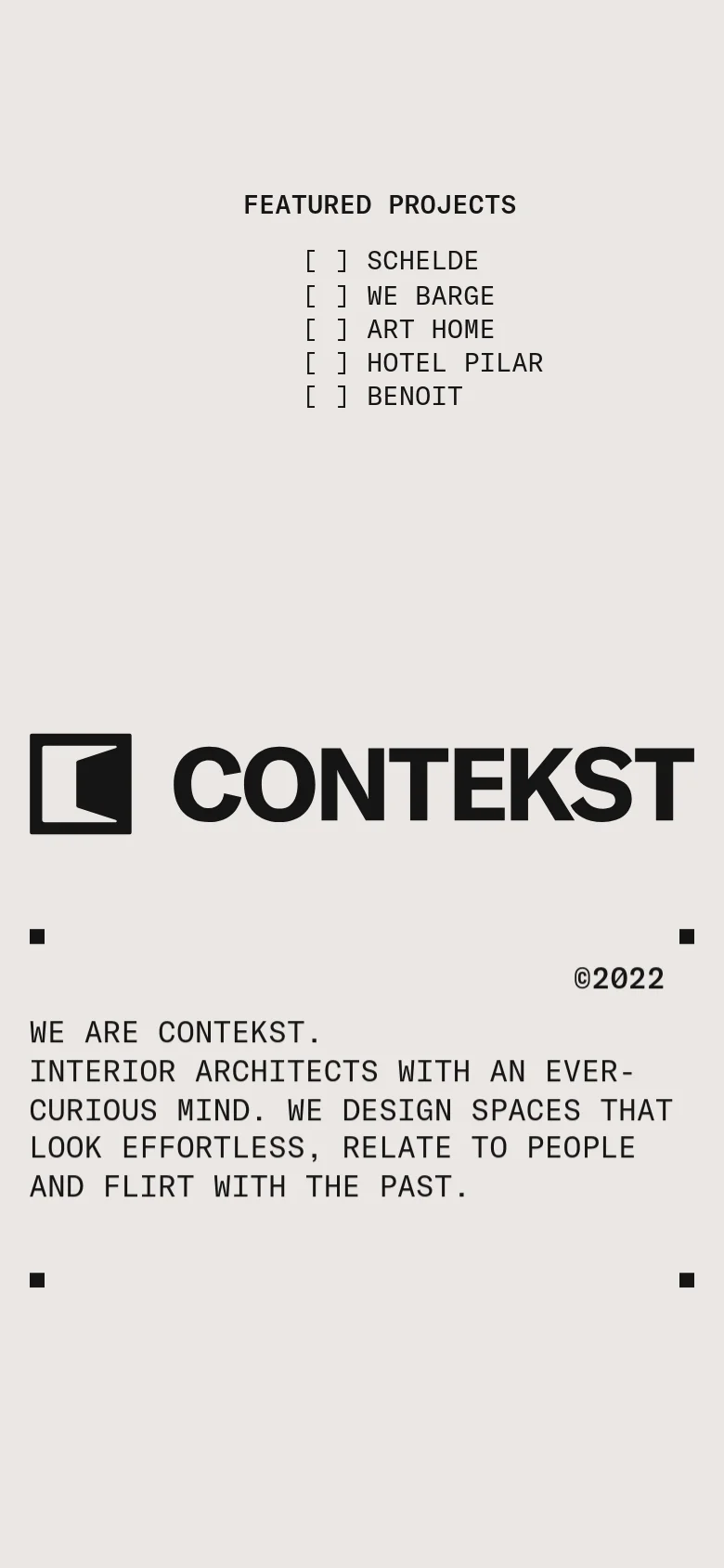 The mobile version presents a vertically stacked layout optimized for small screens. The large typography and project list are centered, and the grid of interior design images is condensed into a single-column scroll. The overall minimalist aesthetic and neutral color palette remain consistent with the desktop version.
