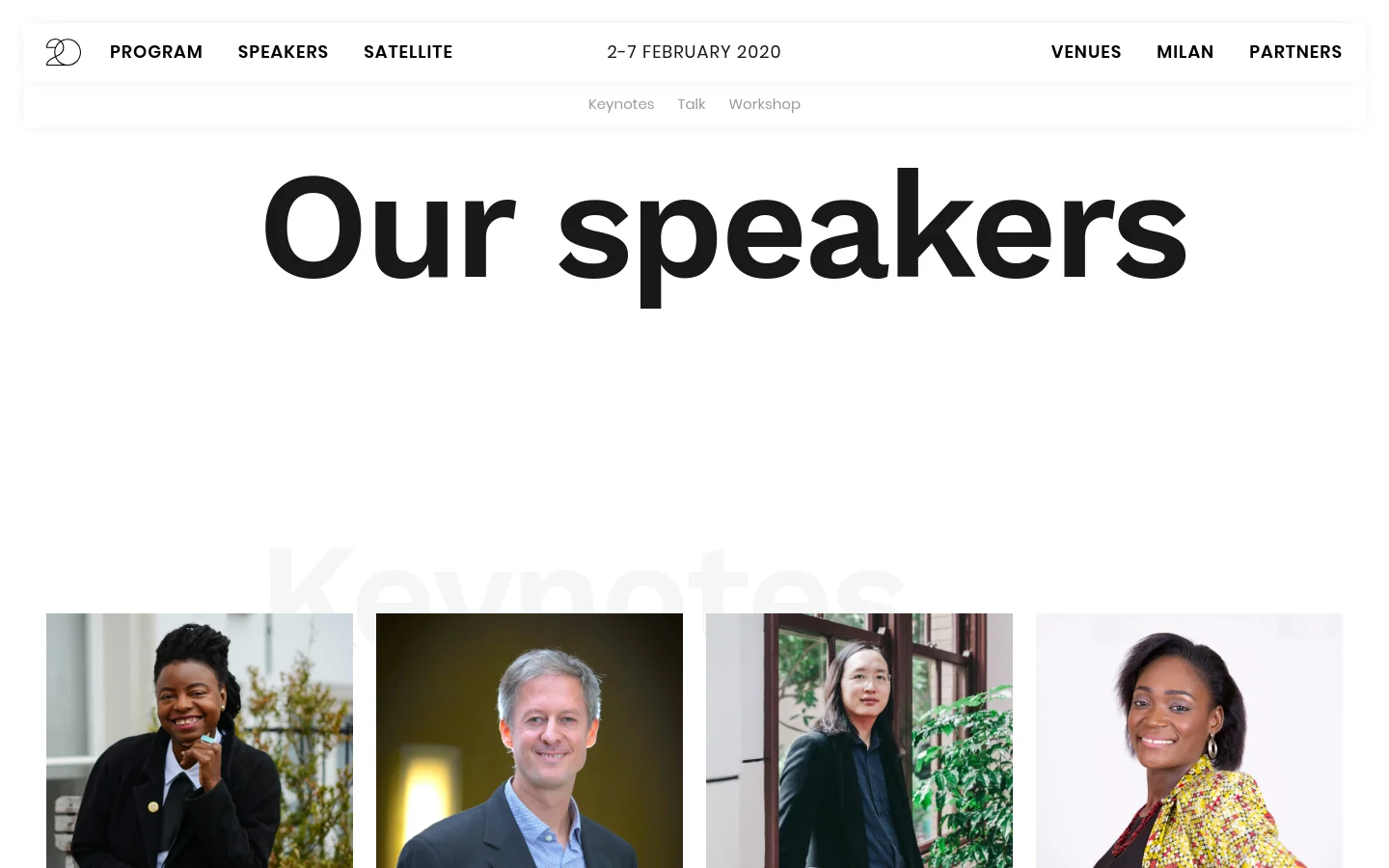 The desktop page features a large 'Our speakers' headline in black text against a white background. Below, a grid layout displays keynote speakers with large portrait photos, their names, and 'KEYNOTE' labels. A navigation bar at the top includes links for Program, Speakers, Satellite, Venues, Milan, and Partners.