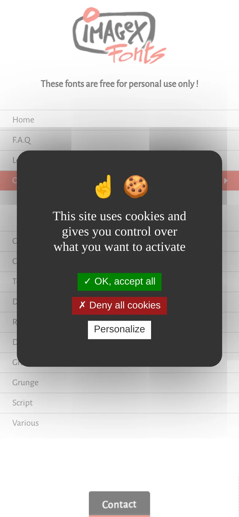 The mobile version presents a single-column layout with the logo and font categories stacked vertically. The contact information and a large cookie consent modal with green and red buttons dominate the center of the screen, covering most of the page content.