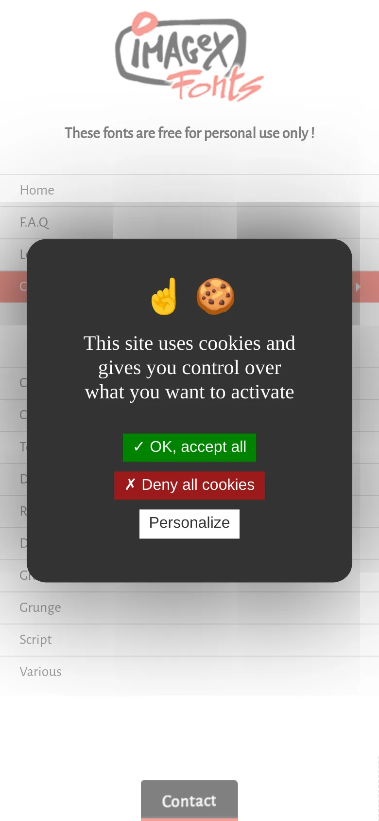 The mobile version presents a single-column layout with the logo and font categories stacked vertically. The contact information and a large cookie consent modal with green and red buttons dominate the center of the screen, covering most of the page content.