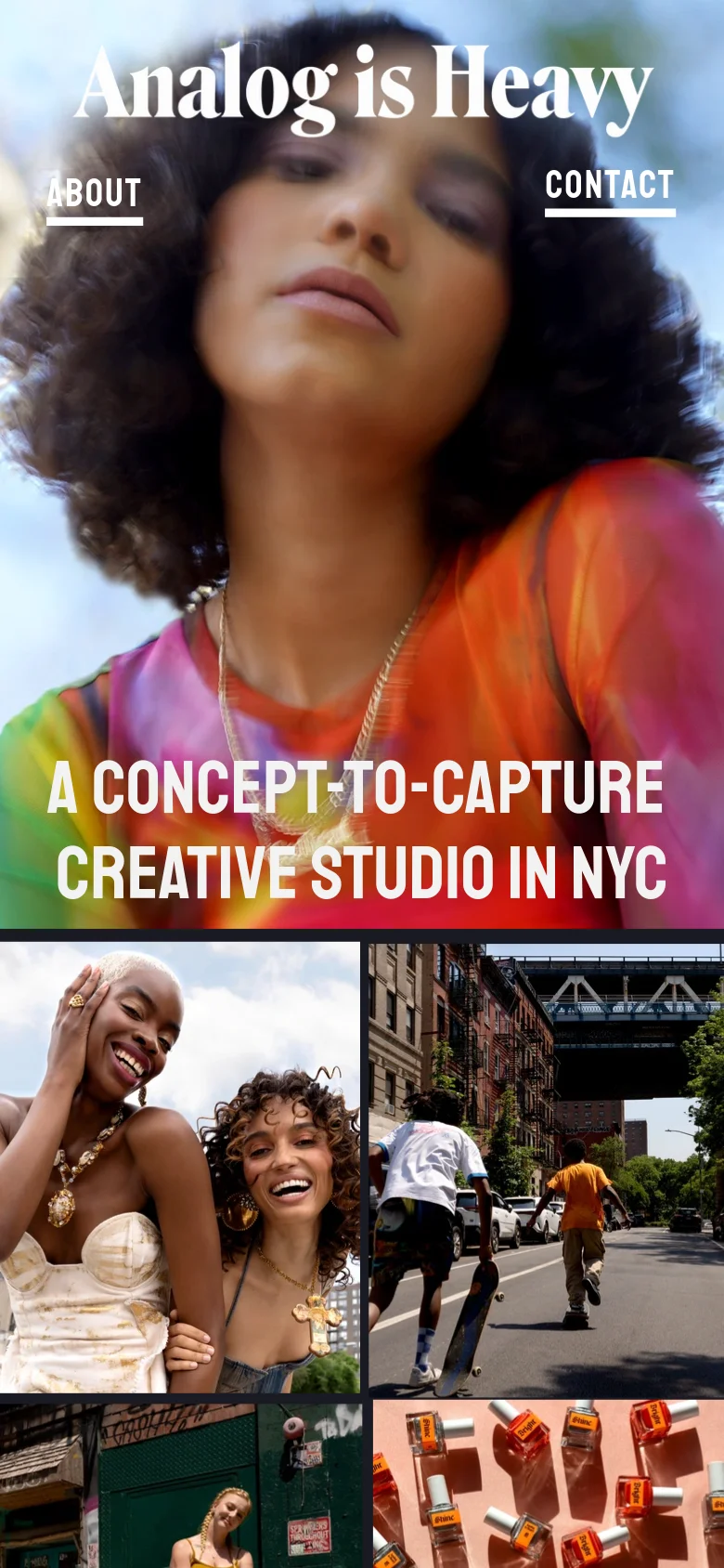 The mobile version presents a vertically stacked layout, beginning with the studio name and navigation links overlaid on a large, soft-focus portrait. The content transitions into a single-column scroll of full-width, vibrant images and GIFs that highlight the studio's creative work. The color palette is driven by the rich, warm tones of the featured photography.