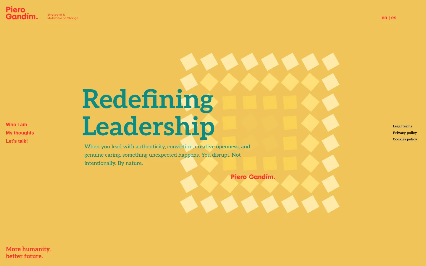 A minimalist desktop homepage with a warm yellow background. The layout features large teal typography reading 'Redefining Leadership' followed by a descriptive paragraph, set against a geometric pattern of white squares. Navigation links like 'Who I am' and 'Let's talk!' are positioned on the left, while legal links and language toggles are on the right.