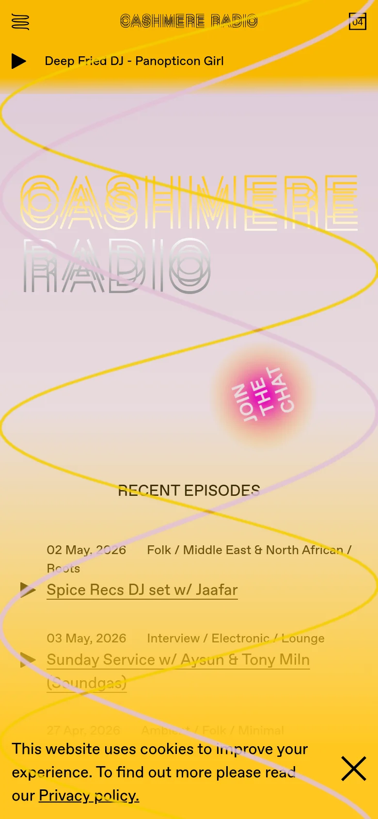 The mobile version maintains the yellow and lavender gradient aesthetic but uses a more condensed vertical layout. The 'CASHMERE RADIO' logo is centered, with a hamburger menu icon at the top left and a player icon at the top right. A 'JOIN THE CHAT' button is prominently displayed in the center, followed by a list of 'RECENT EPISODES' below.
