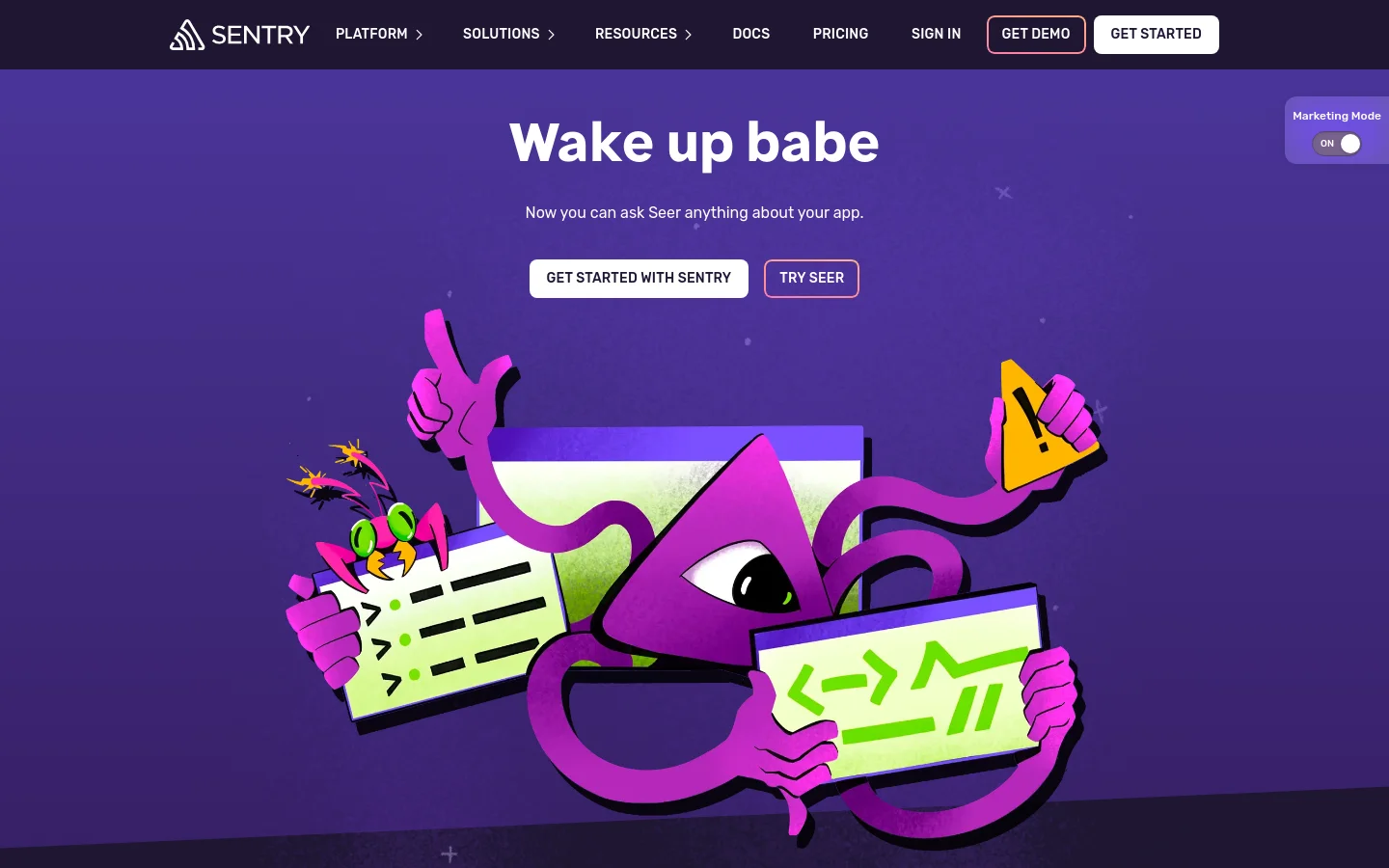 The Sentry homepage features a dark purple background with a large, colorful illustration of a multi-armed purple character holding code windows and a warning sign. The headline reads 'Wake up babe' above two buttons: 'GET STARTED WITH SENTRY' and 'TRY SEER'. The top navigation includes links for Platform, Solutions, Resources, Docs, Pricing, Sign In, Get Demo, and Get Started.