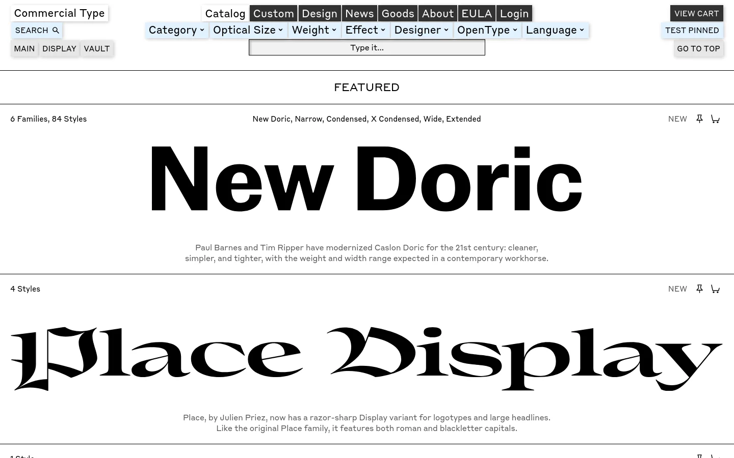 The desktop catalog page features a minimalist white layout with black text, showcasing various font families. Large typographic specimens for 'New Doric' and 'Place Display' serve as hero imagery, accompanied by descriptions, style counts, and 'Add to Cart' buttons. A top navigation bar includes dropdown filters for Category, Optical Size, Weight, and more.