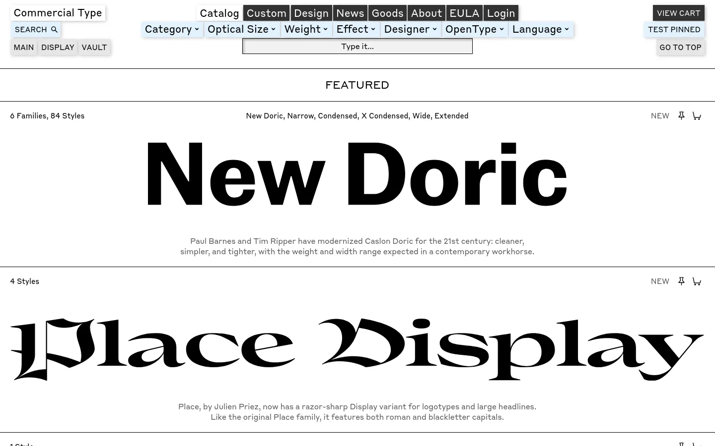 The desktop catalog page features a minimalist white layout with black text, showcasing various font families. Large typographic specimens for 'New Doric' and 'Place Display' serve as hero imagery, accompanied by descriptions, style counts, and 'Add to Cart' buttons. A top navigation bar includes dropdown filters for Category, Optical Size, Weight, and more.