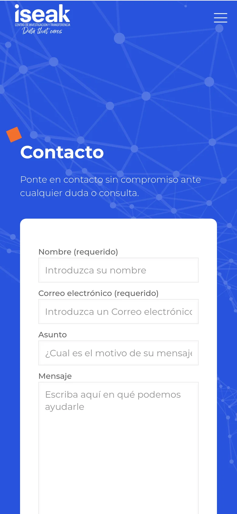 The mobile version maintains the blue geometric background and white text but uses a single-column vertical layout. The 'Contacto' heading and subtext appear at the top, followed by the contact form, with the contact information details stacked below the form.