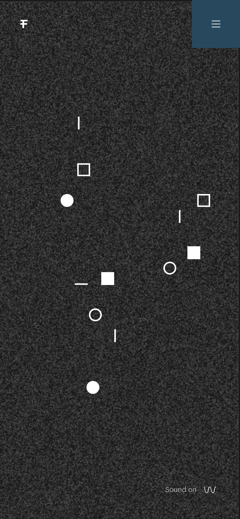 The mobile version maintains the dark, grainy aesthetic and scattered white geometric shapes but uses a condensed layout. A blue hamburger menu icon is prominent in the top right corner, and the 'Sound on' toggle is positioned at the bottom right.