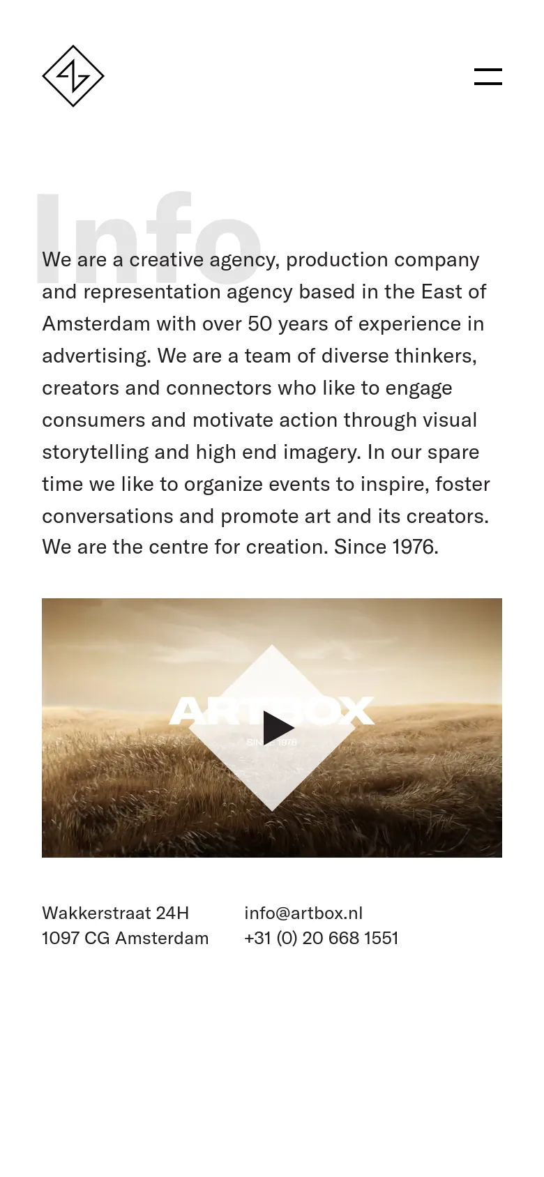 The mobile version simplifies the layout into a single column with a hamburger menu icon in the top right. The large 'Info' background text and agency description are stacked vertically above a video player, followed by contact information at the bottom.