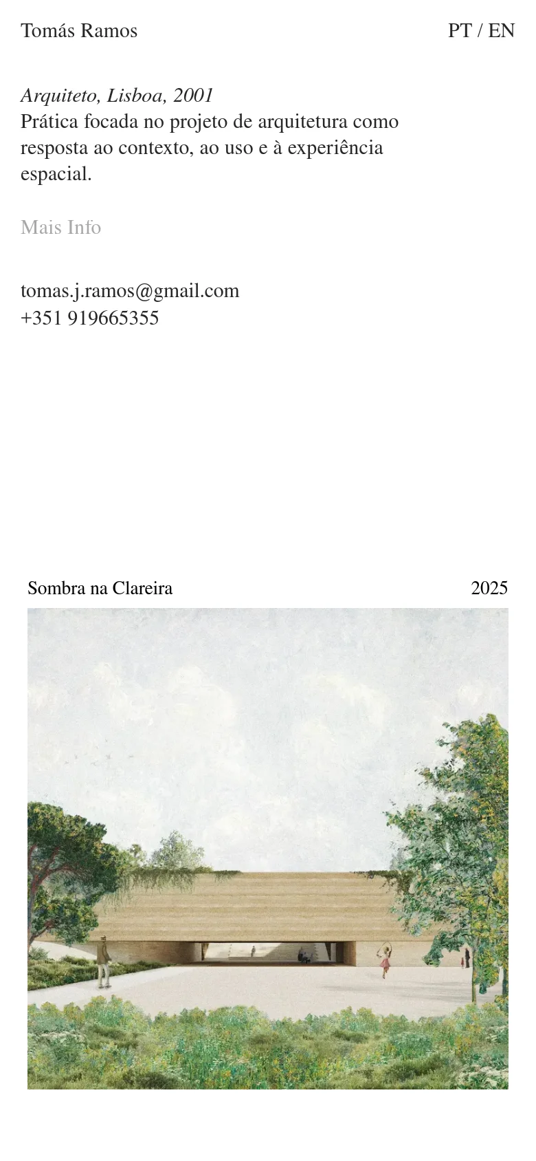 The mobile version maintains the minimalist white and black aesthetic but uses a single-column vertical stack. The text is centered or left-aligned for readability, and the project images are scaled to fit the width of the screen, appearing one after another in a continuous scroll.
