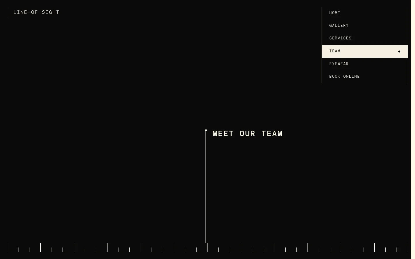 The desktop page features a dark, minimalist aesthetic with a large hero section displaying the text 'MEET OUR TEAM' in white against a blurred background. A navigation menu is positioned on the right side, highlighting the 'TEAM' page, and a decorative white line runs vertically down the center of the screen.