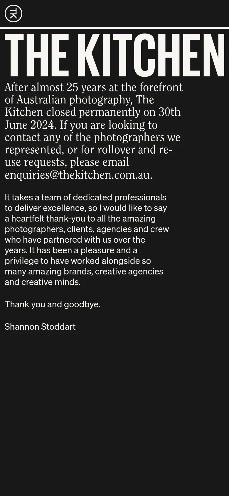 The mobile version presents a vertically stacked layout on a black background, centering the large white 'THE KITCHEN' headline. The announcement text and thank-you message are scaled down to fit the narrow screen, maintaining a clean, text-heavy aesthetic without the side-by-side spacing of the desktop view.