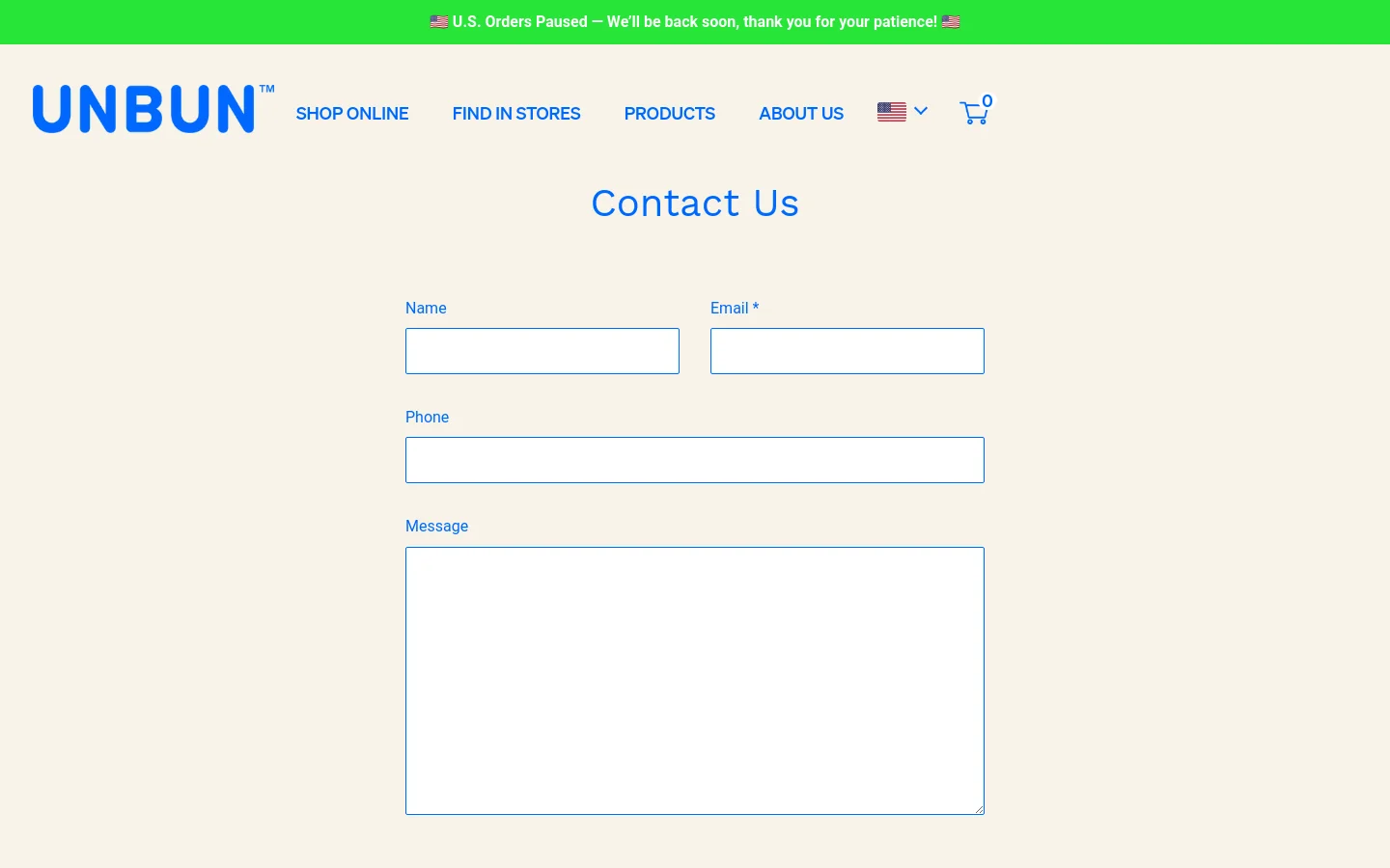 The Contact Us page features a clean, minimalist design with a light beige background and a bright green announcement banner at the top. The layout includes the Unbun logo, a navigation menu, and a centered contact form with fields for Name, Email, Phone, and Message. The desktop view displays the Name and Email fields side-by-side in two columns.