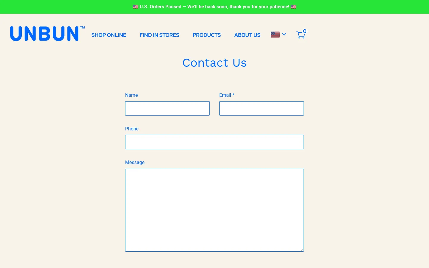 The Contact Us page features a clean, minimalist design with a light beige background and a bright green announcement banner at the top. The layout includes the Unbun logo, a navigation menu, and a centered contact form with fields for Name, Email, Phone, and Message. The desktop view displays the Name and Email fields side-by-side in two columns.