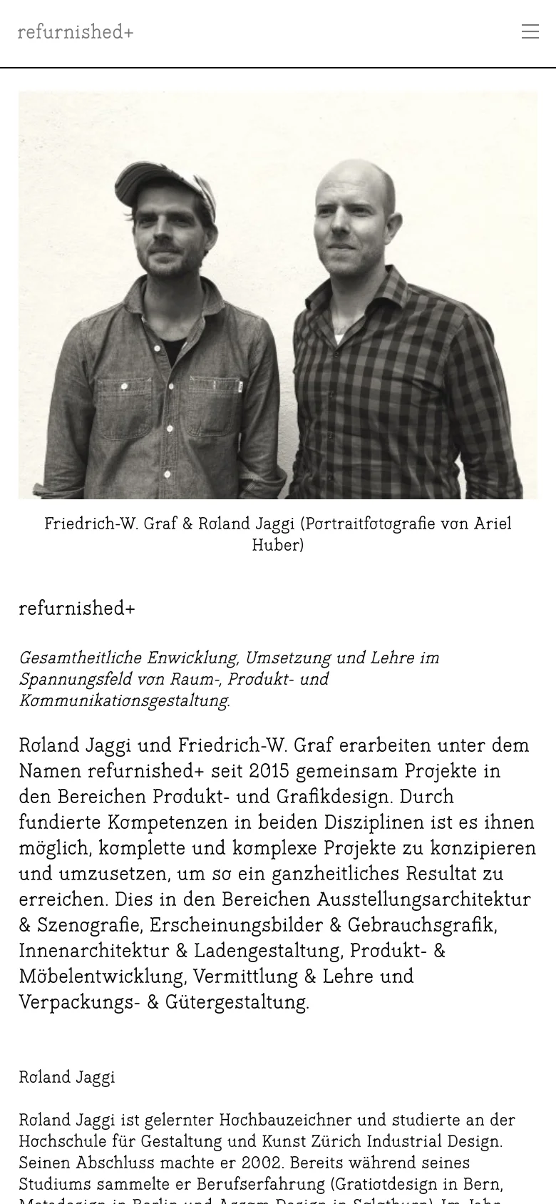 The mobile version shows a simplified vertical layout with the refurnished+ logo and a hamburger menu icon at the top. The large black and white portrait of the two men spans the width of the screen, followed by stacked text sections describing the company and its founders.