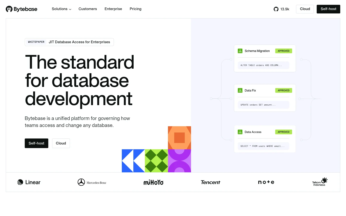The Bytebase homepage features a clean, professional layout with a white and light gray color scheme. The hero section displays a large headline, 'The standard for database development,' alongside a subtext description and two primary call-to-action buttons for 'Self-host' and 'Cloud.' To the right, a stylized graphic shows database operations like 'Schema Migration' and 'Data Access' in floating UI cards, while a logo marquee at the bottom showcases companies like Linear and Mercedes-Benz.