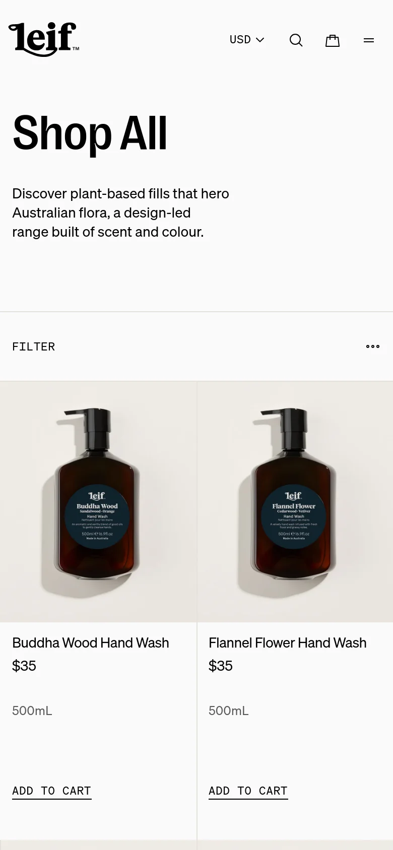 The mobile version presents a vertically stacked layout with the 'Shop All' headline and subtext centered at the top. The hero image is removed to prioritize content, and the product grid transitions to a single-column view showing one product at a time. Navigation is condensed into a hamburger menu, and the filter option is represented by a three-dot icon.