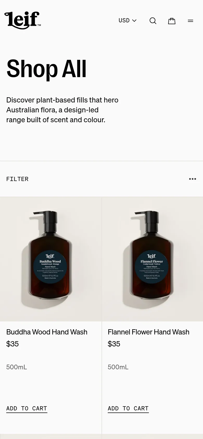 The mobile version presents a vertically stacked layout with the 'Shop All' headline and subtext centered at the top. The hero image is removed to prioritize content, and the product grid transitions to a single-column view showing one product at a time. Navigation is condensed into a hamburger menu, and the filter option is represented by a three-dot icon.