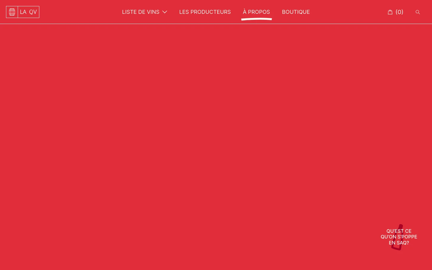 The desktop page features a vibrant red background with a minimalist white navigation bar at the top. A large hero section displays the headline 'ON AIME QUAND LA NATURE S’EXPRIME LIBREMENT' overlaid on an image of gnarled grapevine trunks, followed by smaller lifestyle images of people enjoying wine. The layout is spacious and uses bold white typography against the red backdrop.