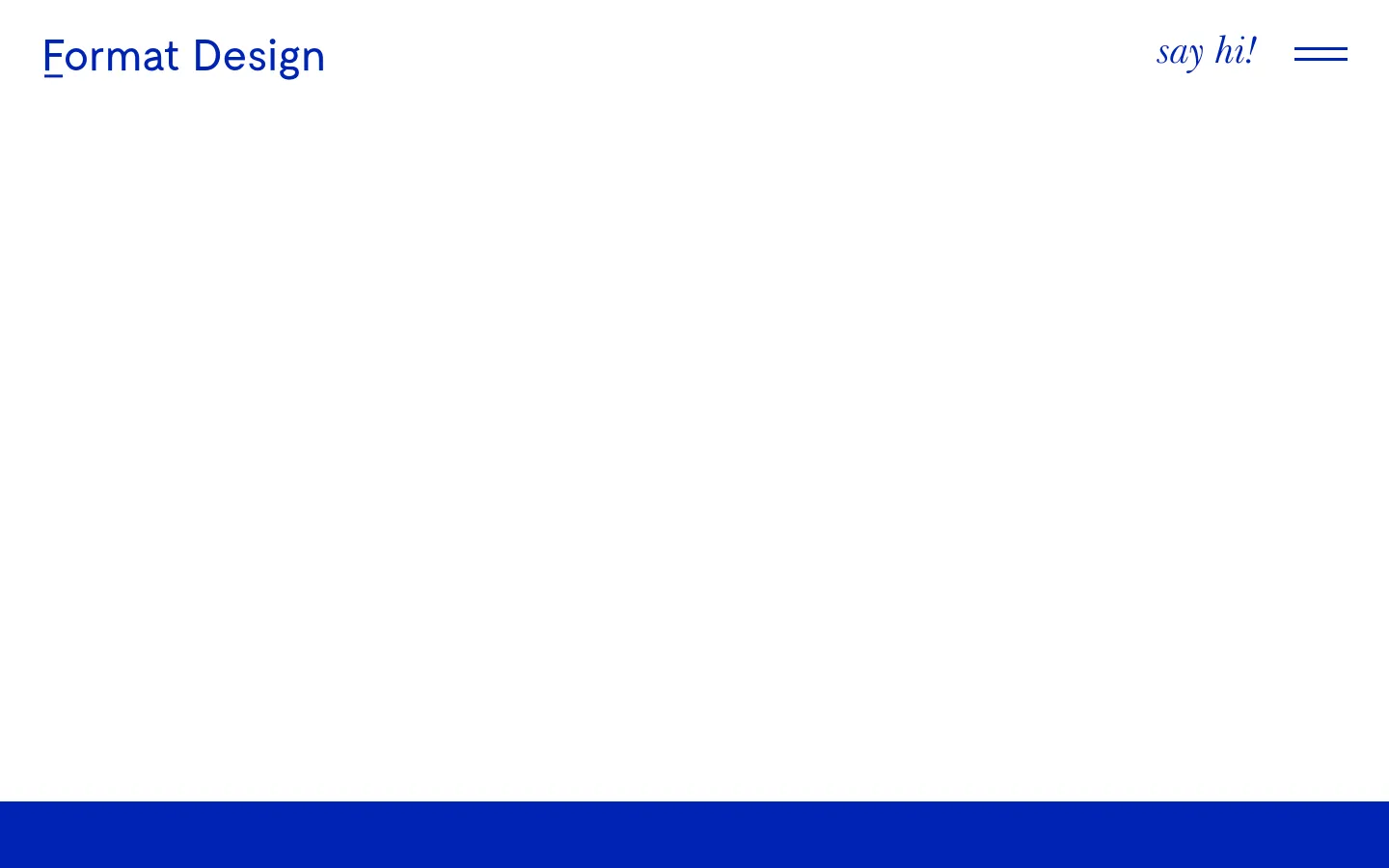 The desktop page features a clean, minimalist layout with a white background and blue accents. A large headline reads 'Wir verbinden strategisches Denken mit herausragendem Design,' followed by two landscape images of architectural details and several paragraphs of text. Below the text, services are listed in three columns under the heading 'Leistungen.'