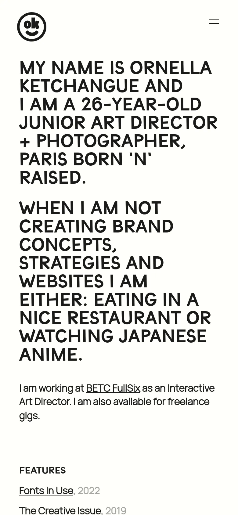 The mobile version presents a vertically stacked layout optimized for small screens, with the large bold headline appearing at the top. A hamburger menu icon replaces the desktop navigation, and the smiley face logo is positioned at the top left. The text content and features list flow in a single column for easy scrolling.