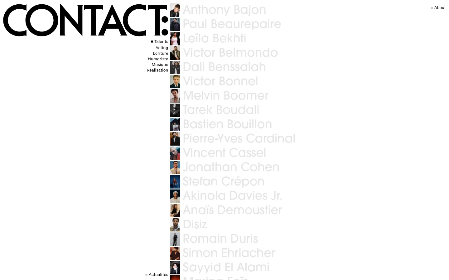 The Agence Contact homepage features a minimalist white background with large, bold black typography for the agency name. A vertical navigation menu on the left lists talent categories like Acting and Music, while a grid of portrait photos of various talents is displayed on the right side of the page.