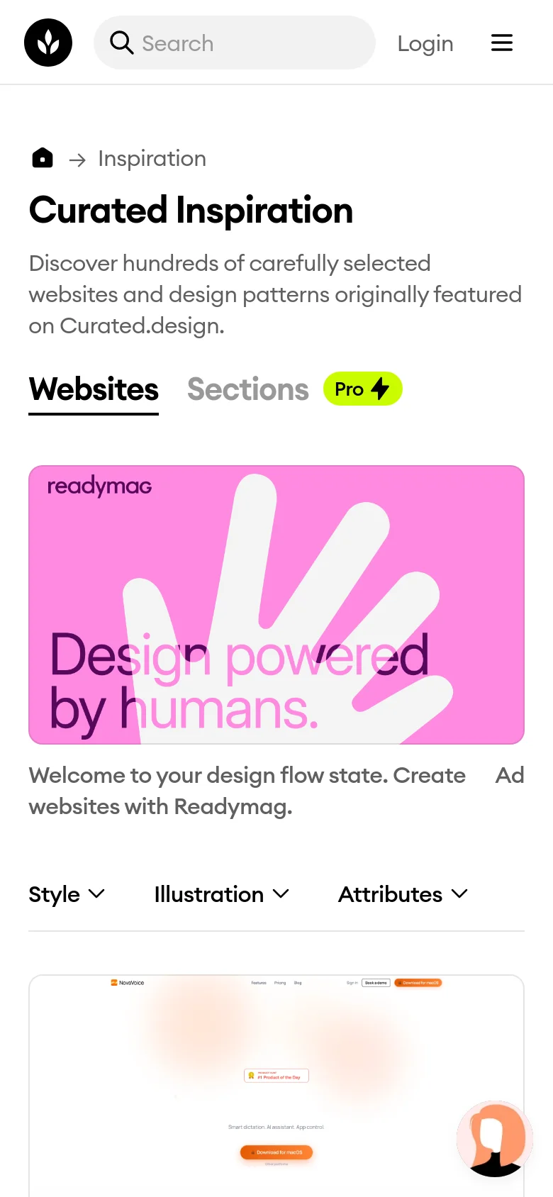 The mobile version presents a vertically stacked layout with the 'Curated Inspiration' headline and description at the top. The sidebar filters are hidden, and the large pink Readymag banner spans the full width of the screen above the website design gallery. The navigation bar is condensed into a search field and a hamburger menu icon.