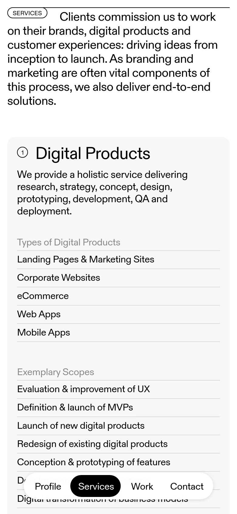 The mobile version presents a single-column vertical layout optimized for small screens. The text is stacked, with the 'Digital Products' section transitioning from two columns to a long vertical list of types and scopes. Navigation elements like 'Profile', 'Services', 'Work', and 'Contact' are positioned in a floating bar at the bottom of the screen.