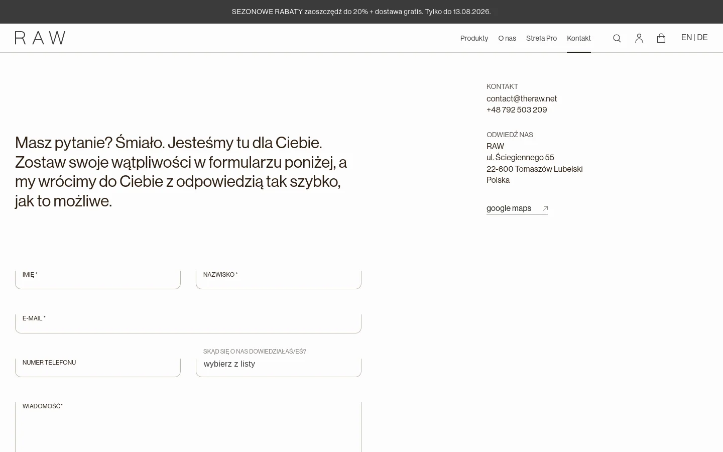 The desktop contact page features a minimalist white layout with a large headline and a contact form on the left side. On the right, contact details including email, phone number, physical address, and a Google Maps link are displayed in a clean, sans-serif font. A dark announcement bar at the top and bottom highlights seasonal discounts.