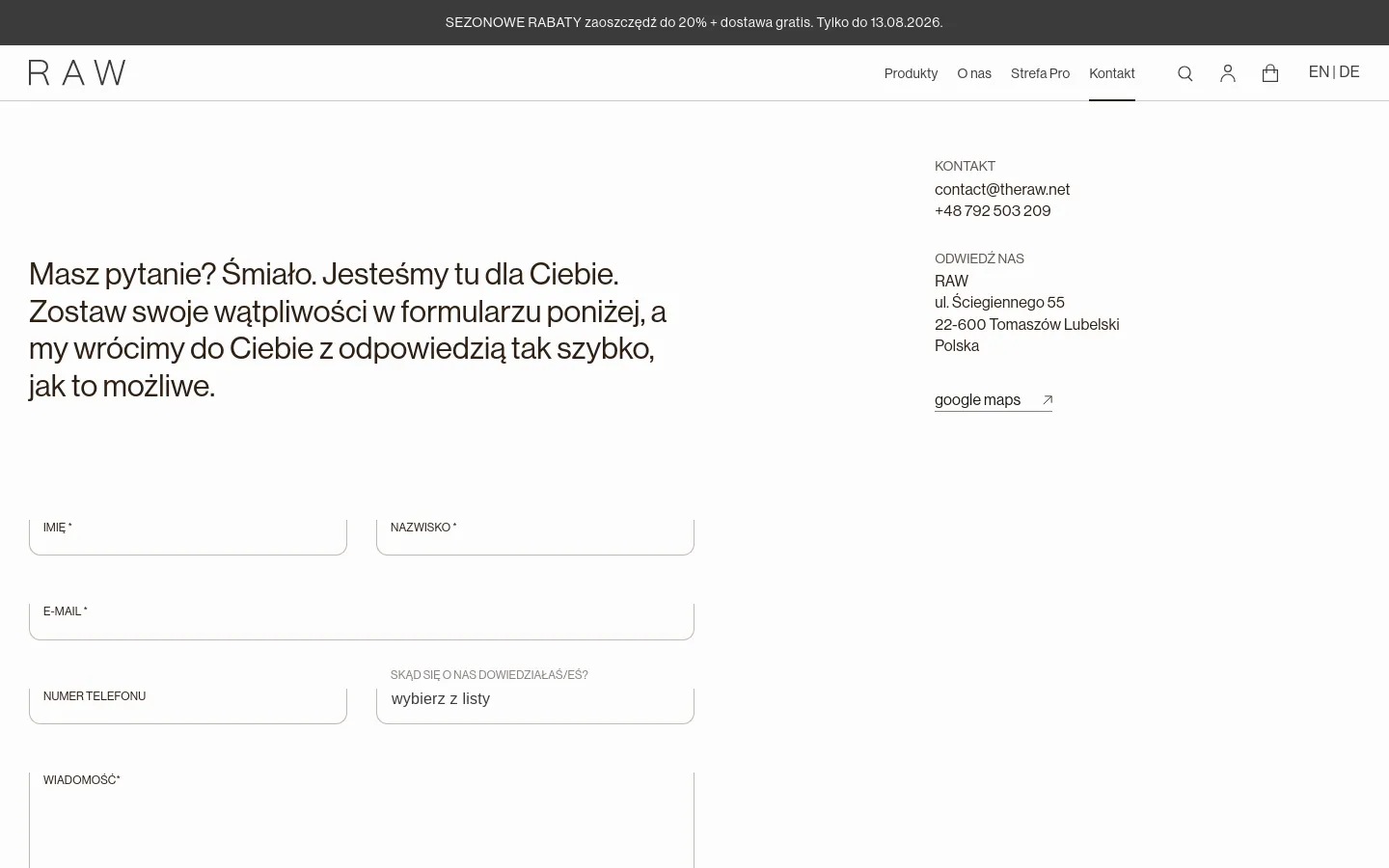 The desktop contact page features a minimalist white layout with a large headline and a contact form on the left side. On the right, contact details including email, phone number, physical address, and a Google Maps link are displayed in a clean, sans-serif font. A dark announcement bar at the top and bottom highlights seasonal discounts.