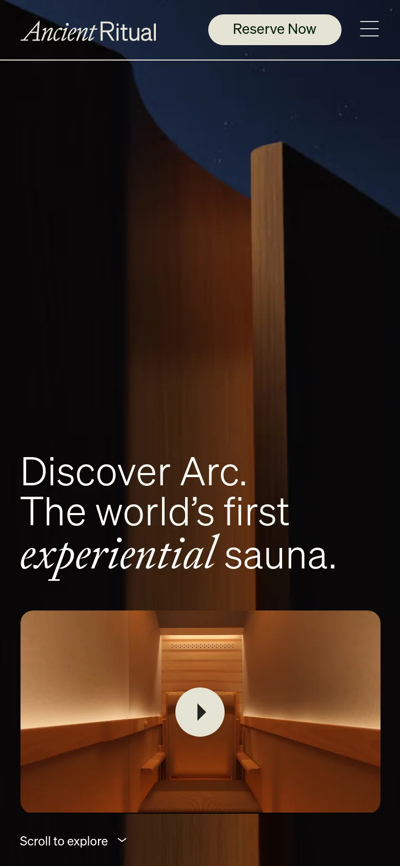 The mobile version presents a vertically oriented view of the sauna interior with the headline 'Discover Arc. The world’s first experiential sauna.' centered in the middle of the screen. The navigation is condensed into a hamburger menu next to a 'Reserve Now' button at the top.