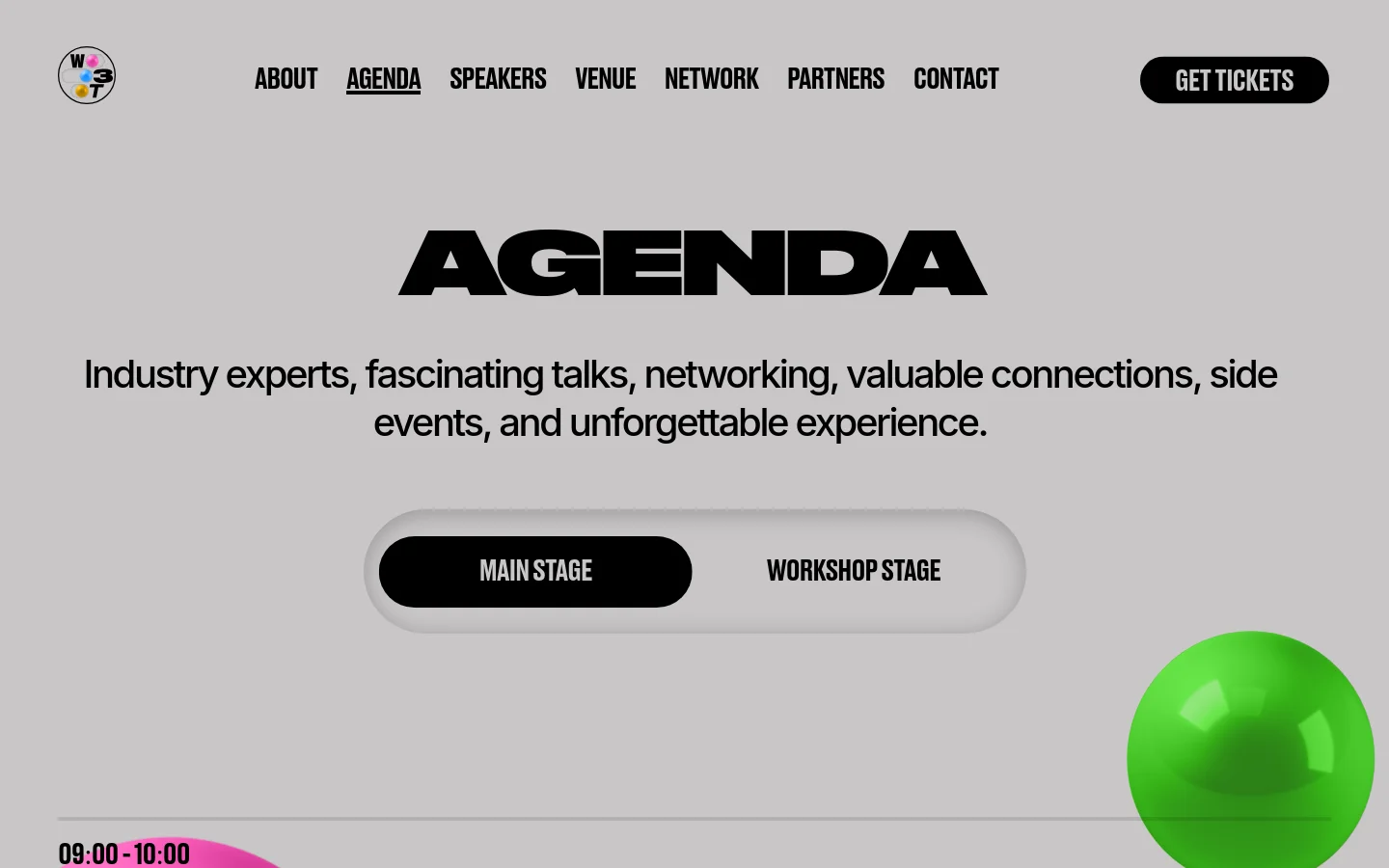 The desktop Agenda page features a light gray background with a large, bold 'AGENDA' headline and a subheadline about industry experts and networking. A toggle switch allows users to select between 'MAIN STAGE' and 'WORKSHOP STAGE' against a dark navigation bar at the top. A large, vibrant green sphere decorates the bottom right corner.