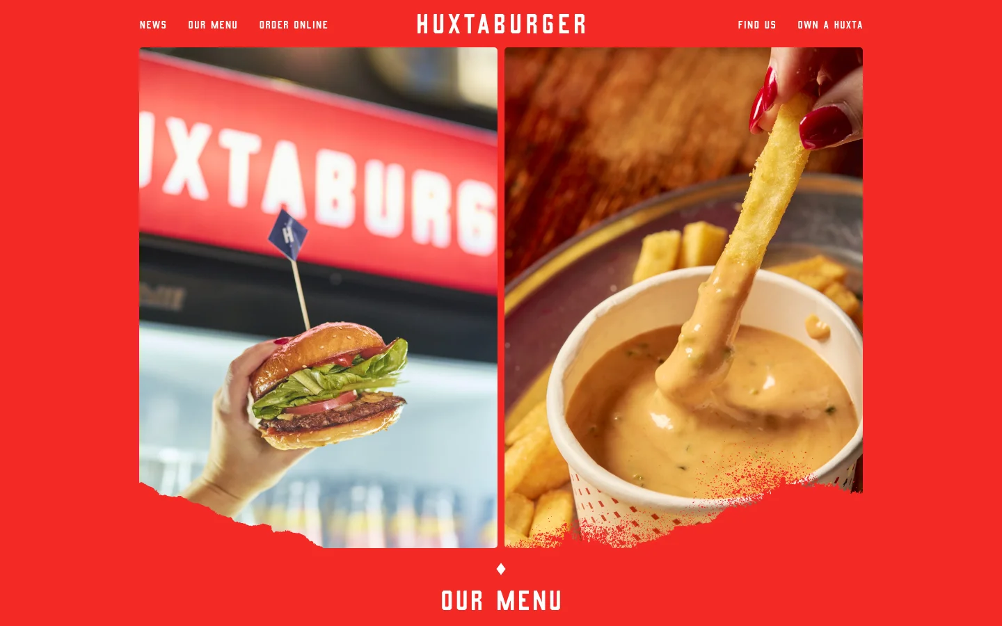The desktop version features a vibrant red background with a split hero image showing a hand holding a burger and another dipping a chip into sauce. The navigation bar at the top includes links for News, Our Menu, Order Online, Find Us, and Own a Huxta, centered around the Huxtaburger logo. Below the hero section, the page transitions into a detailed menu layout with sections for buns, grass-fed beef, plant-based patties, and fresh produce.