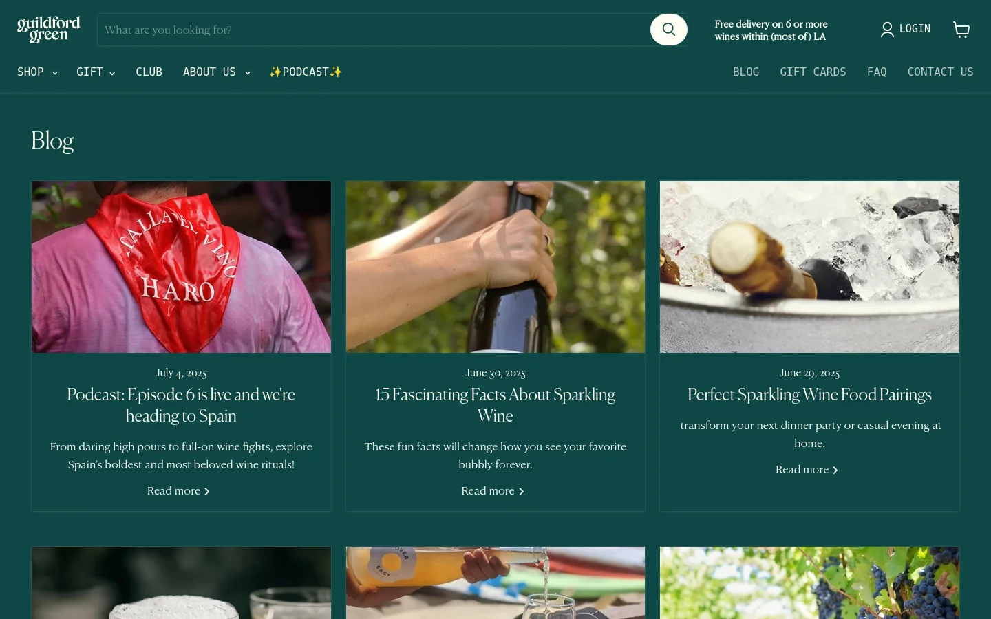 The desktop blog page features a dark green header with a search bar and navigation menu. Below a large 'Blog' heading, articles are arranged in a three-column grid, each containing a large rectangular image, a date, a title, a short description, and a 'Read more' link.