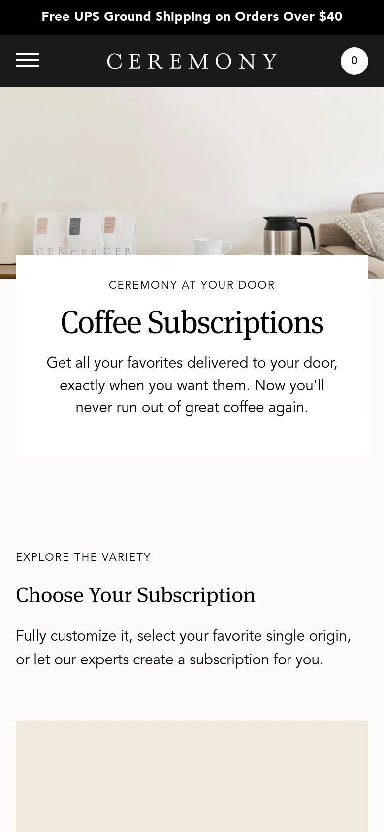 The mobile version simplifies the layout into a single column, stacking the hero image and text content vertically. The navigation is condensed into a hamburger menu icon on the left and a shopping cart icon on the right, with the brand name centered. The black announcement bar remains at the top of the screen.